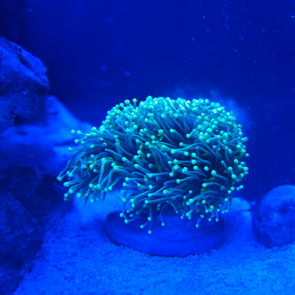 Green Euphyllia torch coral colony with long flowing tentacles under blue reef lighting, showcasing vibrant LPS movement